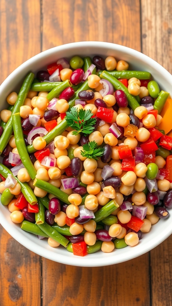 Low Carb Three Bean Salad Recipe A colorful three bean salad with green beans, kidney beans, chickpeas, and vegetables in a bowl.